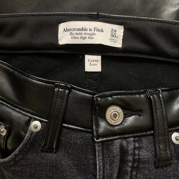 Abercrombie & Fitch Black Denim Jean Faux Leather The Ankle Straight Curve Love - Picture 3 of 4